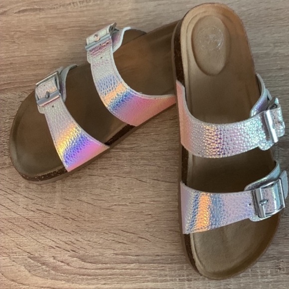 SINTETICO Girls white pinkish open toe double buckle slide sandals size 6 girls - Picture 1 of 8